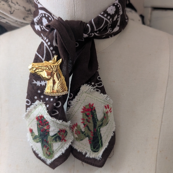 Handmade Accessories - Bandana scarf w cactus, upcycled, embroidery cactus patch, Pick 1 HANDMADE ITEM